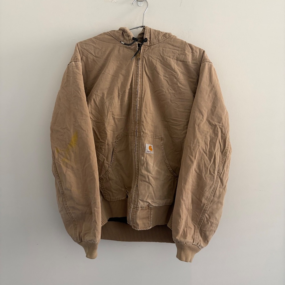 Carhartt Mens Tan Ripstop Quilted Flannel Lined Hooded Active Jacket Medium